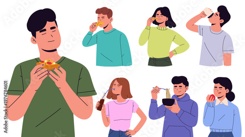 Flat vector illustration of people enjoying food and drinks, including pizza, noodles, fruit, snacks, and beverages. perfect for food blogs, restaurant ads, health topics, menus, social media content