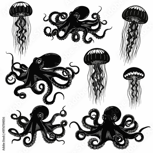 Collection of black and white vector illustrations of octopuses and jellyfish isolated on a white background. Detailed marine life set with tentacles, suction cups, and medusa shapes.