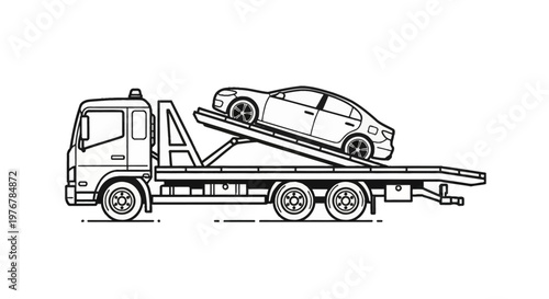 Flatbed tow truck side view profile carrying a four-door sedan car illustration. Line art vector drawing of a vehicle recovery service truck with a hydraulic tilt bed platform.
