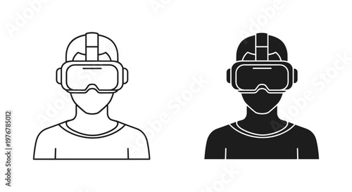 Virtual reality headset icons, person wearing VR goggles in line and silhouette styles, futuristic gaming and metaverse avatar vector set