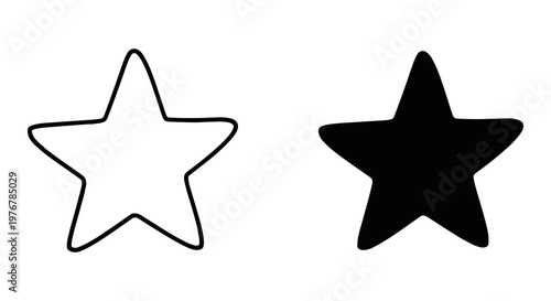 Minimalist hand drawn star icons, organic five point star shapes in outline and solid black, set of 2 vector elements for rating and UI design