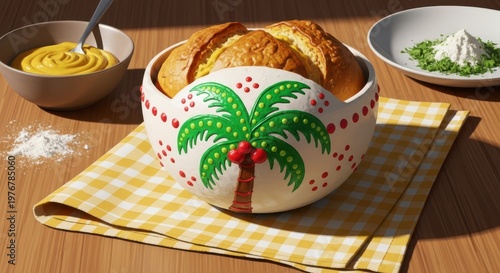 Handmade bread bowl with tropical palm design filled with creamy soup on rustic wooden table