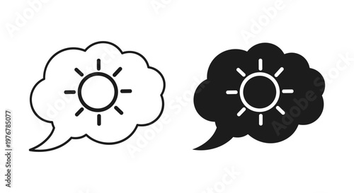 Positive thinking icon set with sun inside speech bubble, optimistic mindset concept vector, black and white mental health symbols for wellness