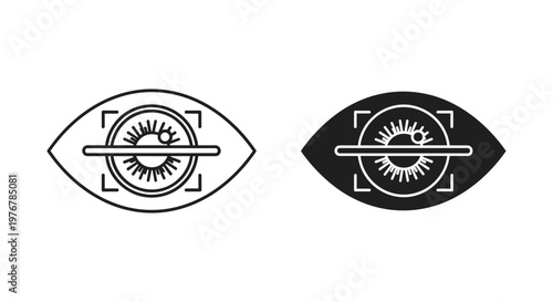 Biometric eye scan icons for iris recognition, digital security retina scanner symbols, black and white vector set for cybersecurity and identity verification