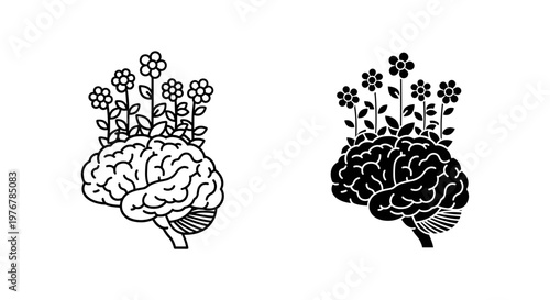 Mental health concept with flowers growing from human brain, psychological wellness and mindfulness vector icons, creative brain growth illustration