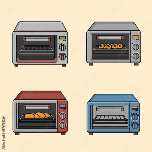 A set of four different colored toaster ovens and small electric countertop ovens including silver, red, and blue models with bread and bagels baking inside on a plain background.