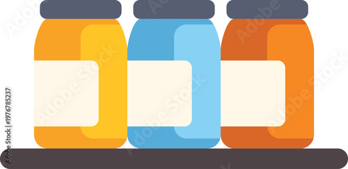 Three colorful jars with blank labels storing food items on a shelf