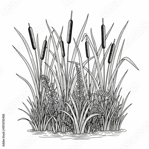Detailed black and white botanical line art illustration of aquatic cattails, bulrushes, and marsh grass growing from water with ripples, isolated on a white background.