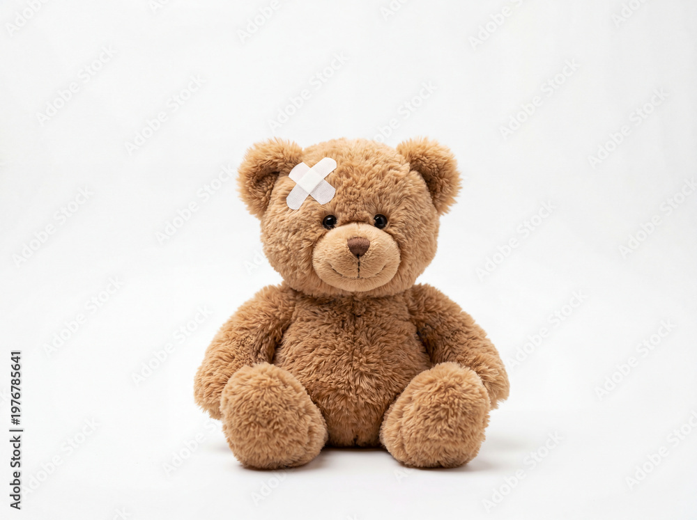 Fototapeta premium Fluffy light brown teddy bear with bandage on forehead care concept