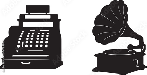 Antique cash register and phonograph silhouettes vector icon