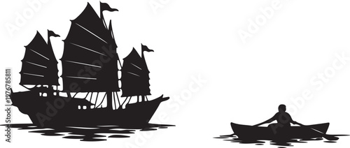 Ancient Chinese junk and rowing boat silhouette vector illustration design