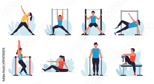 Flat vector illustration set of men and women performing various fitness exercises such as pull-ups, stretching, side planks, leg lifts, and bar workouts on a white background.