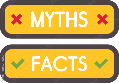 Two yellow rectangular buttons presenting myths with crosses and facts with checkmarks