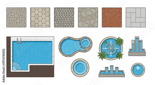 A versatile set of water features including pools, fountains, and circular designs in a clean top-down style. Perfect for architectural projects, simulations, and design visualization.