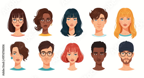 Set of ten diverse human character avatars featuring men and women with various hairstyles, hair colors, ethnicities, and eyewear, in a clean vector cartoon illustration style.