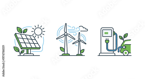 A focused illustration showing key renewable energy elements such as solar panels, wind turbines, and electric charging systems. Perfect for sustainability storytelling and presentations.