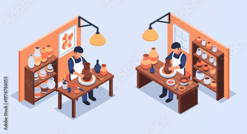 Isometric vector illustration of two ceramic artists working in a pottery studio, shaping clay on wheels at wooden workbenches with tool sets and shelves of handcrafted vases.