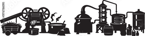 Sugar cane processing machine and distillation apparatus silhouettes vector design