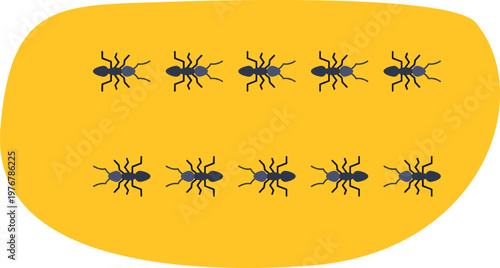 Group of black ants marching on a yellow surface illustrating teamwork and collaboration