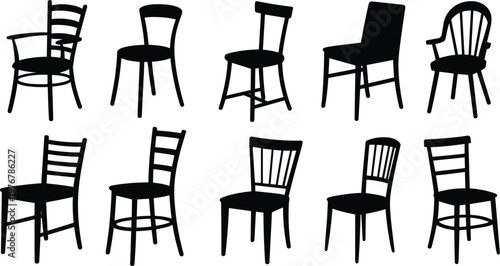 Diverse wooden chairs silhouette collection, featuring classic dining furniture, rustic seating icons and home interior elements
