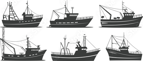 Commercial fishing boat and sea trawler silhouette set, featuring maritime vessel icons, ocean transport and industry