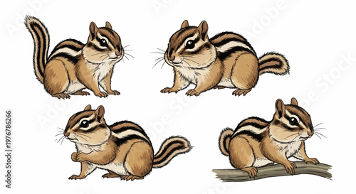Set of four detailed chipmunk illustrations in various poses including sitting, crouching, and perching on a branch. Realistic wildlife character design with stripes on white background.