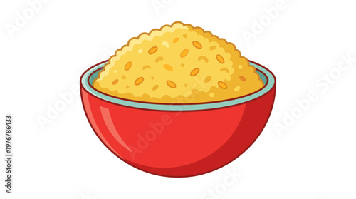 A glossy ceramic red bowl with a light blue rim overflows with a delicious, heaping mound of fluffy yellow rice perfectly dotted by tiny orange specks, showcased in an elegantly clear digital artwork