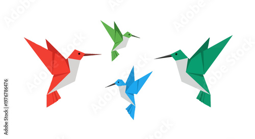 Set of four stylized origami hummingbirds in flight, featuring red, blue, and green folded paper designs isolated on a plain white background for graphic design projects.