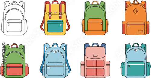Set of Colorful Backpacks in Various Styles and Designs, Vector Illustration for School, Travel, and Everyday Use Themes