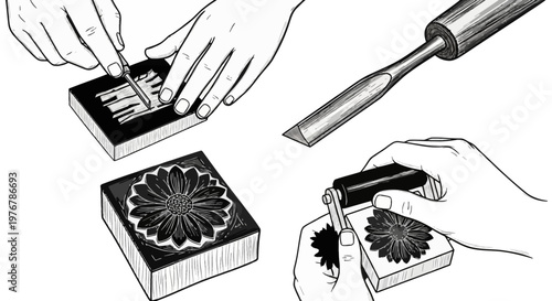 Black ink illustration set showing linocut printmaking process: hands carving a woodblock with a gouge, a chisel tool, a finished flower stamp, and applying ink with a brayer roller.