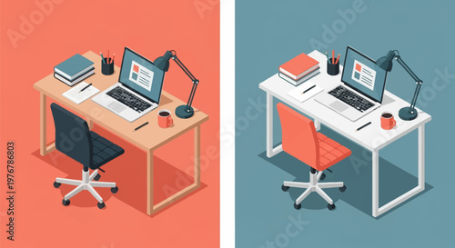 Set of two isometric vector illustrations of a workstation featuring an open laptop computer, adjustable desk lamp, swivel office chair, books, notepad, and coffee mug on a desk.