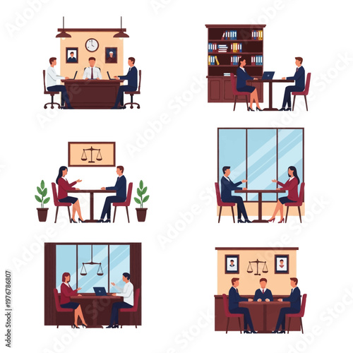 Professional vector illustration set showing legal consultations, attorney meetings, and corporate interviews in various office interiors featuring law scales, bookshelves, and desks.