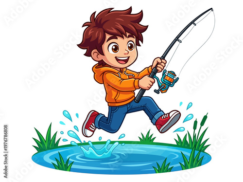 Young Boy Character Fishing Outdoors, Happy Cartoon Kid Holding Fishing Rod Jumping by a Pond, Vector Illustration