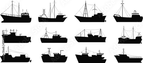 Fishing boat and commercial trawler silhouette collection, featuring sea vessel icons, maritime transport and ocean industry