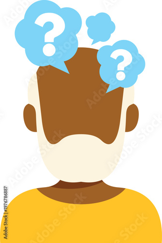 Elderly man with question marks symbolizing memory problems, dementia, or alzheimer's disease