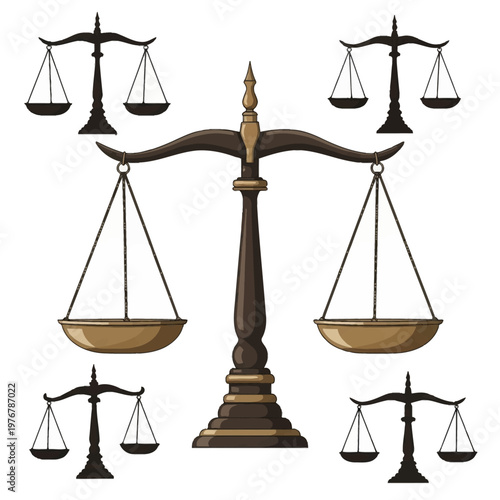 Set of five vintage balance scale illustrations on white background including one large detailed gold and dark wood scale of justice and four smaller black scale silhouettes.