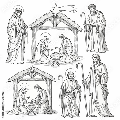 Traditional black and white hand-drawn line art illustrations of the Christmas Nativity scene featuring Mary, Joseph, Baby Jesus in a manger, shepherds with staffs, and the Bethlehem star.