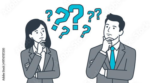 Thoughtful Business Man and Woman with Question Marks Thinking About Solutions and Decisions Flat Vector Illustration