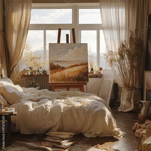 Cozy bedroom with art display natural light home decor calm ambiance interior view comfort and aesthetics