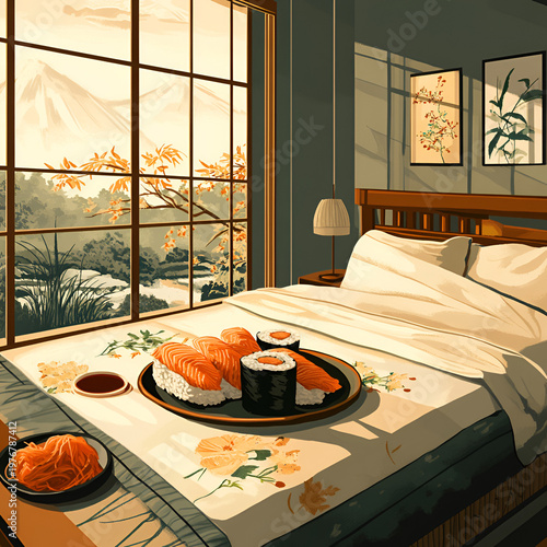 Sushi breakfast experience in a japanese bedroom with scenic view of nature