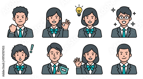 Japanese High School Student Character Avatars Set, Cute Teenager Icons in School Uniform with Various Expressions and Gestures, Vector Illustration