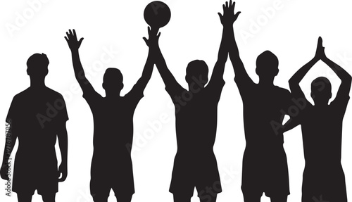 Silhouette of five people celebrating with a ball in teamwork spirit scene