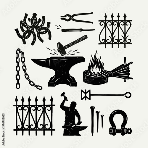 Blacksmith and forge set, anvil with hammer and tools, bold woodcut style icons on white