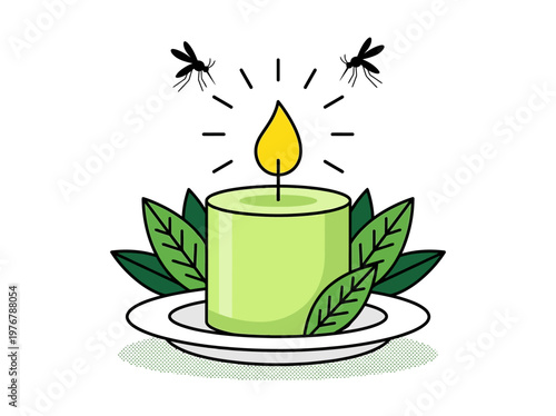 Citronella Scented Candle with Mosquitoes Vector Illustration - Natural Insect Repellent Concept