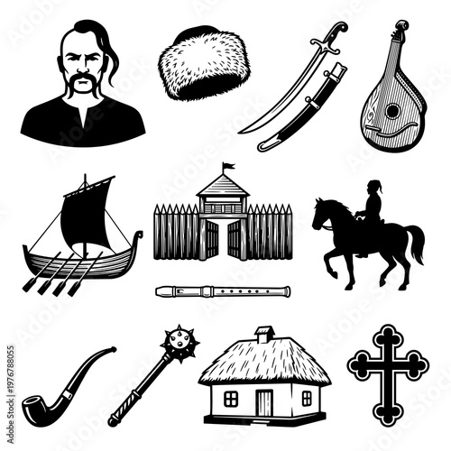 Zaporozhian Cossack culture icons set: warrior, saber, bandura, and historical Ukrainian heritage symbols