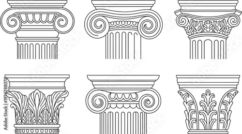 Set of classical greek and roman column capitals, ionic and corinthian architectural pillar line art vector