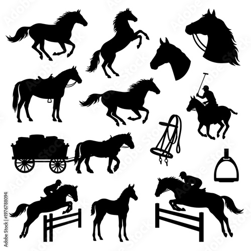 Horse silhouettes set: galloping stallion, rearing mustang, jumping horse, and equestrian equipment icons