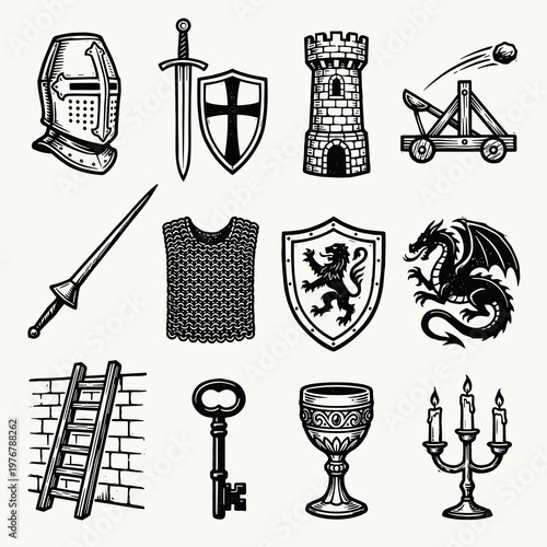 Medieval knight and castle icon set, woodcut style black and white historical fantasy elements