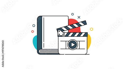Education and film production concept featuring a book and clapperboard with colorful abstract shapes on a white background.