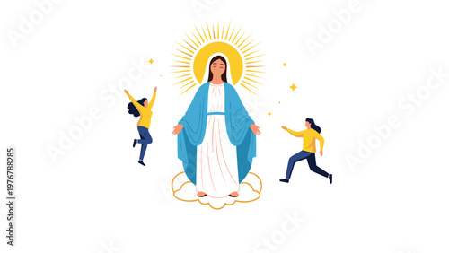 Religious illustration of the Virgin Mary with a halo surrounded by women in joyful celebration on a plain white background.